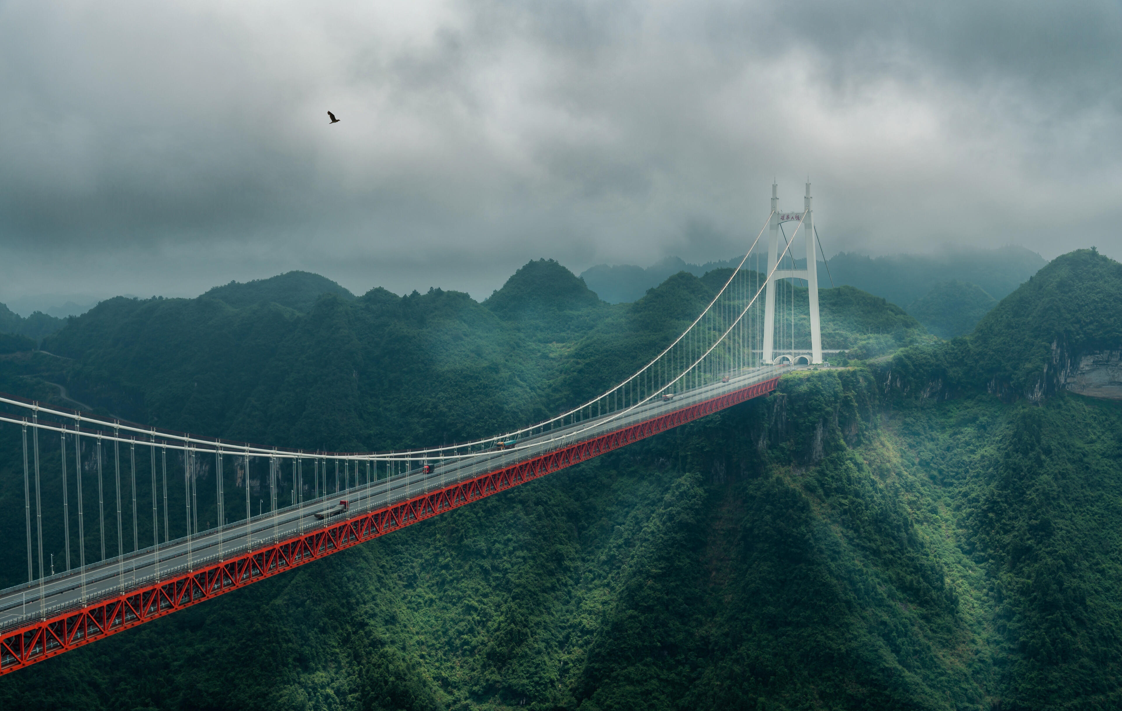 横跨峡谷全长1174米，高355米，整座桥没有桥墩。